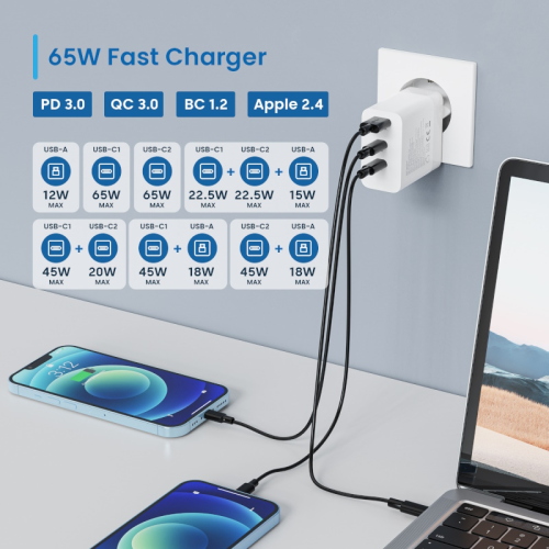 Caricatore rapido USB-C da 65W a 3 porte